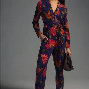 NWT Farm Rio Tie-Waist Jumpsuit Anthropologie floral bird blue jeweltone L